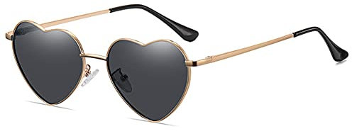 RUNHUIS Polarisiert Herzform Sonnenbrille Damen Herren Hippie Brille Vintage Liebe Sonnenbrille für Festival Party Gold Metallrahmen mit UV400 (Gold/Grau)