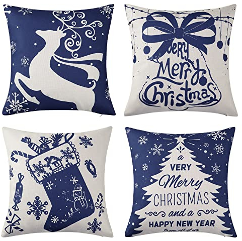 LuxFocus Kissenbezug Weihnachten, 4er Set Kunstleinen Blau Hirsch Dekokissen Kissenhülle Weihnachtsbaum für Sofa Wohnzimmer Schlafzimmer 45 x 45 cm