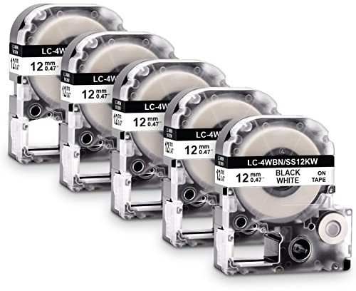 5x Labelwell 12MM Kompatibel Schriftband Ersatz für LC-4WBN9 SS12KW Schwarz auf Weiß Arbeiten für LabelWorks LW-300 LW-300L LW-C410 LW-400 LW-600P LW-500 LW-900P LW-700 LW-1000 OK200