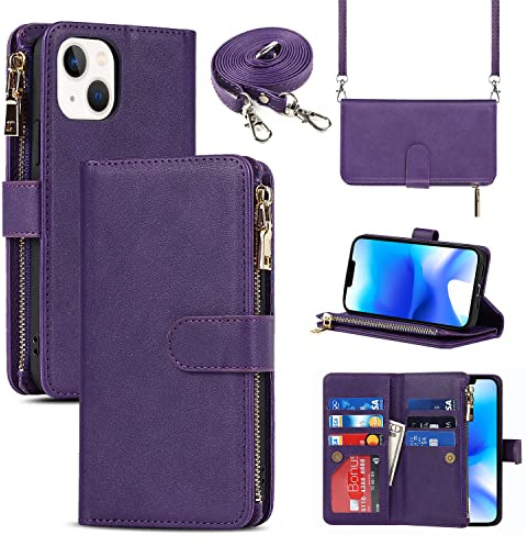 Cavor Compatible with iPhone 14 Case With Card Holder With Strap,Flip Leather Crossbody Women Wallet Case,[9 Card Holders][2 Lanyards],Cover Phone Case Compatible with iPhone 14 - Purple