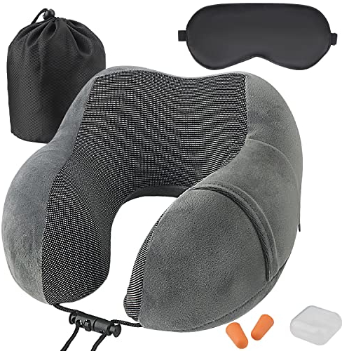 TEIVUL Nackenkissen,Memory Foam Nackenkissen Flugzeug, Reisekissen bietet Nacken und Kinnunterstützung,Travel Essentials,Nackenhörnchen mit Tragetasche&Ohrstöpsel für Flugreisen,Reisen,Auto,Camping