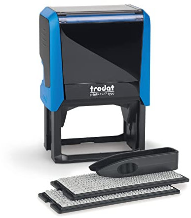 Tampon encreur personnalisable Trodat Printy 4927 Typomatic 4.0 Bleu – 8 lignes de texte à composer soi-même – encrage automatique – encre noire fournie – plaque de composition et pince fournies