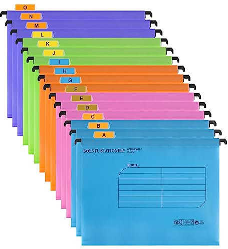 Foolscap Suspension Files,BOENFU 15 Pack Polypropylene for Suspension Files Filing Cabinets with Tabs,Card Inserts for School Home Office (15 Pack,5 Colors)(No Markers)