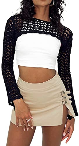 Damen Häkelstrickpullover Hollow Out Crop Top Lange Ausgestellte Ärmel Strick Bolero Shrug Sweater Y2k Pullover Tops .., Solide und schwarz, L