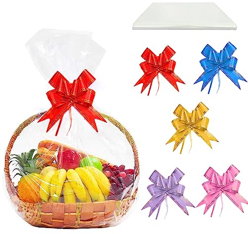 20 Stück Große Geschenkfolie Transparent Cellophantüten 70x100cm, Durchsichtiges Geschenkpapier mit 20 Stück Zugschleifen Klares Cellophan für Geschenke Körbe, Blumen,Kunsthandwerk,Leckerli, Hochzeit