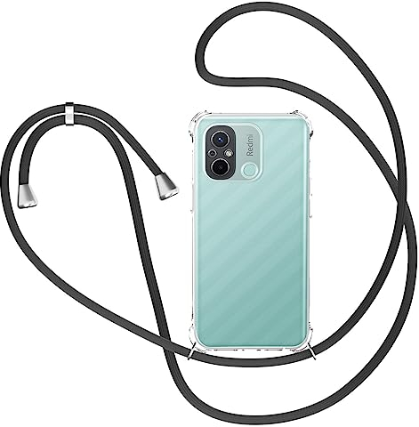 Handykette für Xiaomi Redmi 12C Hülle mit Band, Transparent Silikon Handyhülle für Xiaomi Redmi 12C mit Kette Stossfest Schutzhülle - Schnur mit Case zum Umhängen in Schwarz