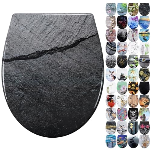 Fanmitrk Duroplast Toilet Seat Soft Close -Quick Release Toilet Lid with Top Fixing,Black Marble Effect(UF819-38)