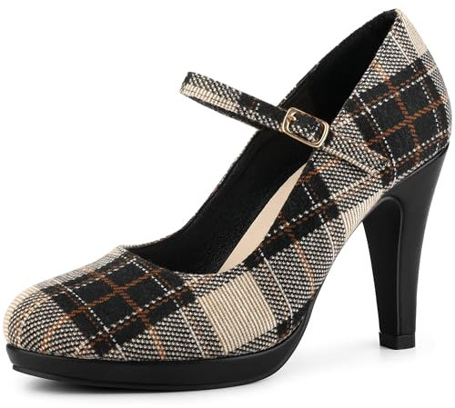 Allegra K Women's Houndstooth Platform Heels Mary Jane Pumps Black Brown 6 UK/Label Size 8.5 US