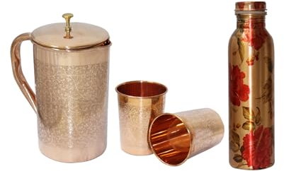 BRACOP® Wasserkrug mit 2 Gläsern Kupferbecher Ayurveda-Kupferbecher auslaufsichere Flasche Wasserflasche mit Deckel Trinkgeschirr aus reinem Kupfer Wasserspender Krug Kupferkrug Trinkflasche