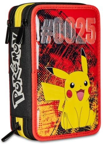 Seven Trousse Scolaire 3 Compartiments, Pikachu – Pokemon, Jaune Rouge, Porte-Stylo Multi-Compartiments avec Crayons, stylos et Couleurs, Jaune, Taglia Unica, Moderne