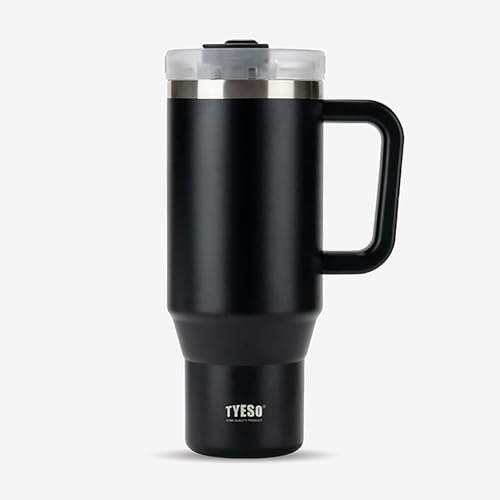 Coffee Cup Travel Mug with Handle, 40oz Tumbler with Lockable Lid, Stainless Steel Vacuum Insulated Water Bottle with Straw, Leakproof & Portable Travel Cup for Hot and Cold Drinks (Black)