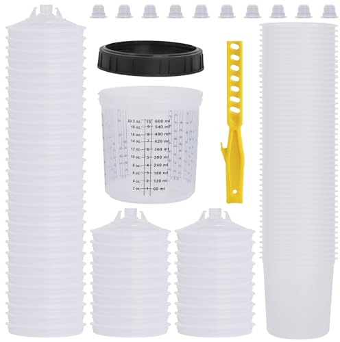 Zejoot Gobelet de peinture jetable pour pistolet pulvérisateur (HVLP Pistolet à peinture en aérosol), 50 doublures de tasse (591 ml), 50 couvercles avec passoire, 10 bouchons, 1 tasse rigide, 1 anneau