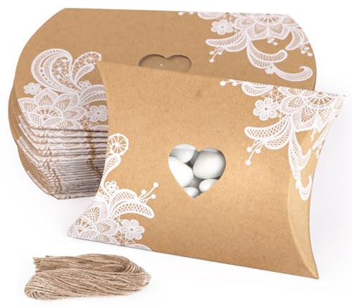 BETESSIN Gastgeschenke Hochzeit Box - 50 Stück Kleine Kissenschachteln 9x6.5x2cm - Kraftpapier Geschenkbox Hochzeit - Rustikale Geschenkschachteln für Kleine Gastgeschenk zur Hochzeit, Taufe uvm.