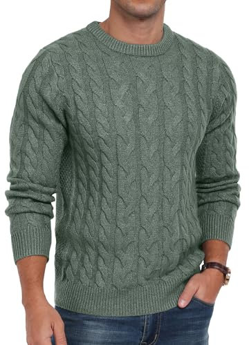 QIXING Men's Cable Knit Jumper Crew Neck Casual Long Sleeve Chunky Knit Sweater with Ribbing Edge(VG Green, L)