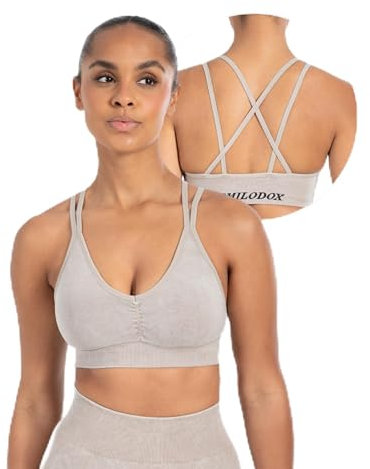 SMILODOX Sport BH Damen - Batik Acid Cross Scrunch Bra - V-Ausschnitt mit Scrunchnaht - Fester Halt - Herausnehmbare Cups - Elastisches Material - Schöner Rückenausschnitt - Ideal für Fitness Yoga