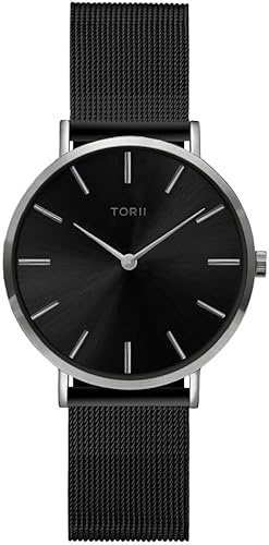TORII Damenuhr Schwarz Edelstahl - rund Quarz S34BS.BS Milanaise-Armband Strichindizes wasserdicht 50 m
