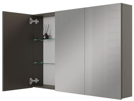 Planetmöbel ARIA Spiegelschrank Bad 100 cm breit | Badschrank hängend mit Spiegel | Anthrazit, ohne Leuchte und Steckdose, Spiegelschrank Gäste WC 100 x 70 x 16 cm