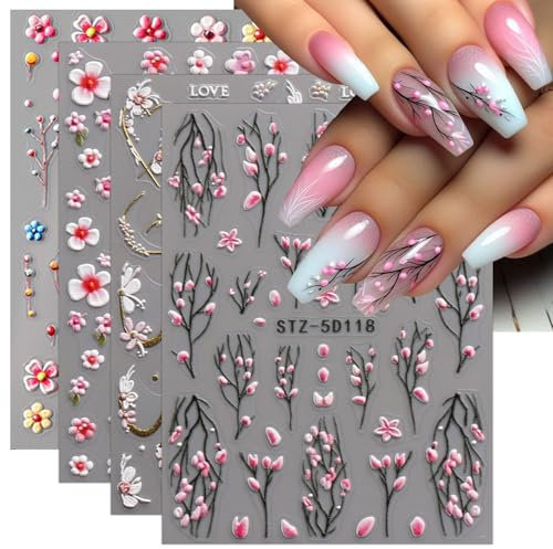 JMEOWIO 3D Nagelsticker Blume Nail Art Sticker Selbstklebend Nagelaufkleber 5D Stereoskopisch Frühling Sommer Floral Dekoration Nageldesign Zubehör 4 Blatt