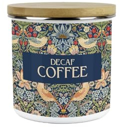 Blue Strawberry Thief Decaf Coffee Storage Canister - Morris Inspired Tapestry Artwork Homeware Gifts - Medium Sized Metal Enamel Kitchen Food/Drinks Storage Container 600ml