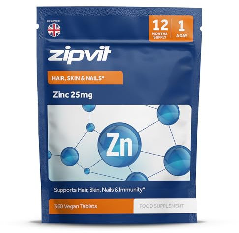 Zipvit Zinc 25mg Pouch, 12 Months Supply, Recommended Dose Zinc Supplement, Supports Hair, Skin, Nails, Bones & Vision, Promotes Immunity, Fertility & Reproduction for Men & Women, 360 Vegan Tablets
