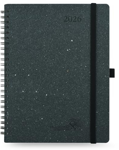POPRUN Kalender 2026 Wochenplaner Ringbuch, ca. A5 (22 x 16,5 cm), Hergestellt aus Erneuerbaren und Umweltfreundlichen Materialien, Terminplaner 2026 mit 80 GSM Recyceltes Papier - Schwarzgrau