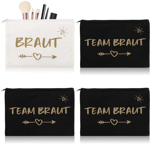 4 Stück JGA Beutel Set Team Braut Make Up Tasche Set Weiß Brauttasche 3 Schwarz Braut Geschenke 22×15cm JGA Accessoires Frauen Für Hochzeit Junggesellenabschied Party