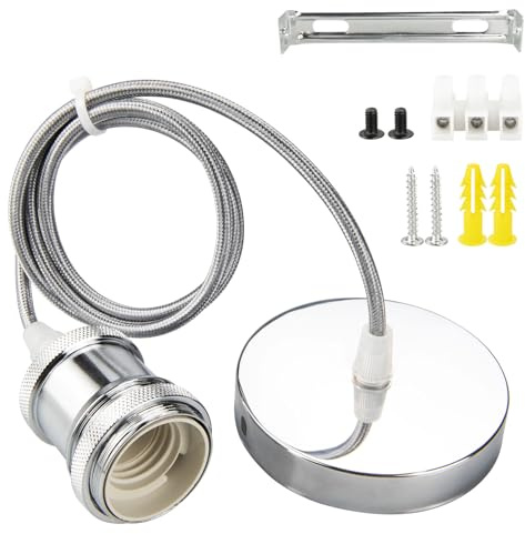 URCIANOW Ceiling Pendant Light Fitting Silvery E27 Screw Lamp Holder with 100cm Braided Flex Cable Free Adjustment Lock Ring IP44 Waterproof light fittings ceilings 1 Pack