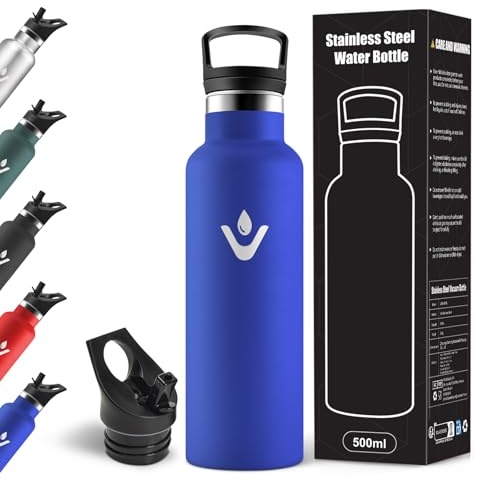 Motswedi Edelstahl Trinkflasche Kinder, 500 ml Auslaufsicher, Thermosflasche, Mit 2 Deckeln und Strohhalm, Trinkflasche mit Strohhalm, Wasserflasche für Sport, Schule, Fitness, Königsblau