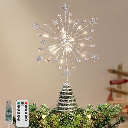Lewondr Weihnachtsbaumspitze, 13 20LED Metall Funkelnde Weihnachtsstern-Baumspitze, USB-Betriebene Beleuchtete Sternbaumspitze Für Weihnachtsdekoration, Fernbedienung, 6H Timer, 8 Lichtmodi, Silber