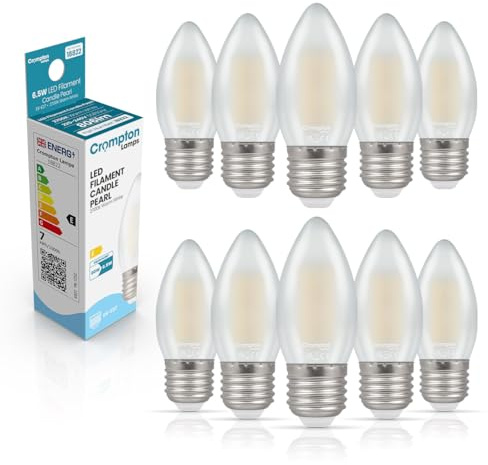 Crompton Lamps Filament Candle LED Light Bulb ES-E27 | 6.5W = 60W Equivalent | Warm White 2700K | Energy Efficient | Edison Screw Lightbulb | Long Life 15,000-Hrs | Pearl Glass | Dimmable | 10-Pack