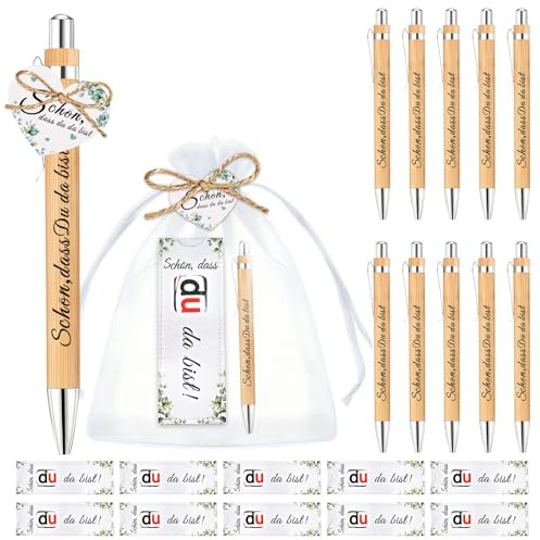 TUZELIYA 10pcs Schön dass du da bist Geschenke Hochzeit Holz Kugelschreiber, Gastgeschenke Hochzeit Konfirmation Taufe Geburtstag, Eukalyptus Stil Hülle Filz Geschenk Verpackung Dankeschön Geschenk