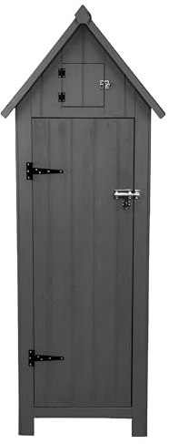 Gartenschrank aus Holz [Grau], Wasserfest, Abschließbare Türen, 3 Regale 4 Haken, Dachluke, Bodenbefestigungskit, Schraubenabdeckungen, Asphaltdach [INKL. Vorhängeschloss & 4 Schlüssel]