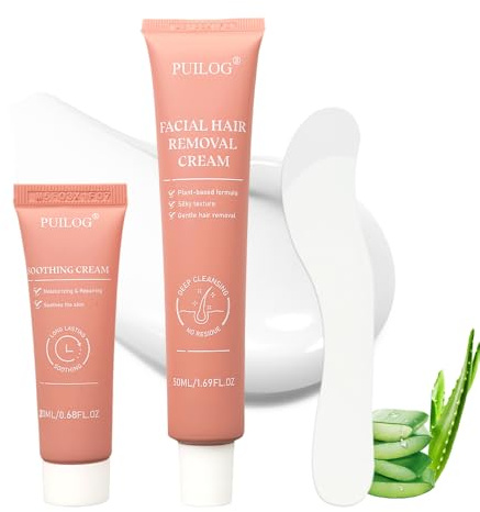 Facial Hair Removal Cream Kit for Women Face Sensitive Skin with Calm Cream, Painless Facial Depilatory Cream for Face Chin Lip Fuzz, 4 Mins Hair Remover At Home, 2.37 fl.oz w/Spatula
