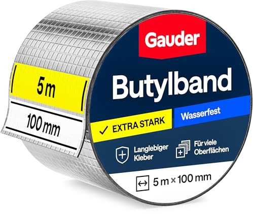 GAUDER Butylband wasserdicht selbstklebend - Butyl Dichtband für Dachrinne - Dichtungsband und Reparaturband mit Aluminiumfolie für Regenrinne, Dach und Wohnwagen (100 mm x 5 m)