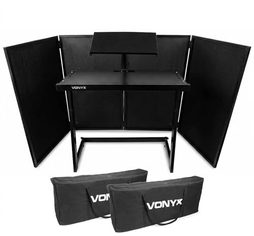 Vonyx DB10 Mobiler DJ-Tisch mit DB2B Faltbarem Screen und Taschen – Stabiles Aluminium, Lycra-Bespannung, klappbar, für mobile DJs und Events – Schwarz