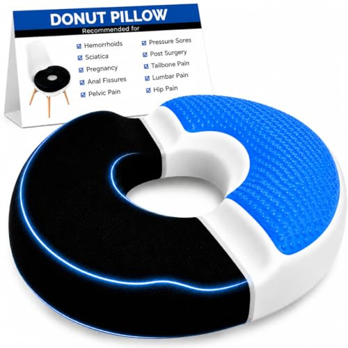 Donut Pillow Tailbone Hemorrhoid Seat Cushion - Memory Foam Butt Pillow Relief Postpartum, Prostate, Coccyx Pain, Sciatica, Hemmoroid, Pregnancy and Bed Sores - Cooling Gel Doughnut Pillow for Sitting