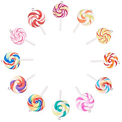 NBEADS 50 Stück Bunte Lollipops Clay Anhänger Charms Handmade Polymer Clay Lollipop Anhänger Für DIY Craft Supply, Gemischte Farbe, 48~56x27~29x7~10 mm, Bohrung: 2 mm
