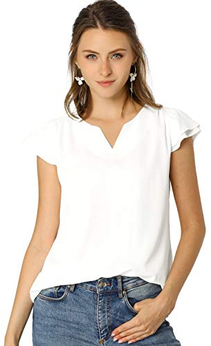 Allegra K Damen Bluse Kurzarm V-Ausschnitt T-Shirt Rüschen Einfarbig Elegant Top Oberteil Weiß S