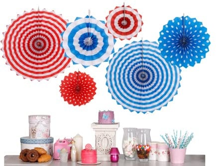 6pcs Paper Fan Decorations Party Hanging Ceiling Decorations Red Blue Birthday Colourful Christmas Halloween Birthday Valentine Baby Shower (Red Blue Shade)
