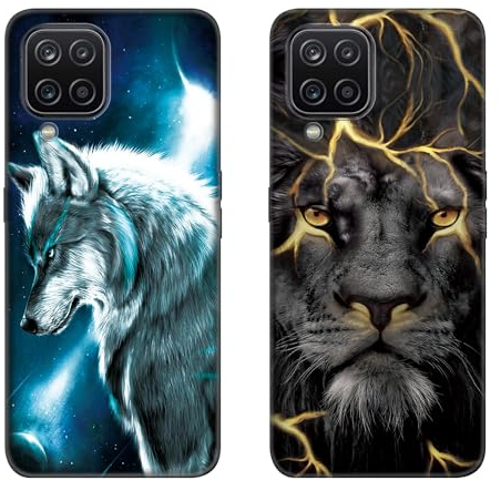 DiaryTown 2 Pack für Samsung A12 / M12 Hülle, Ultra Dünn Silikon Bumper Schutzhülle Stoßfest mit Muster Motiv Schwarz Handyhüllen Weich TPU Cover für Galaxy A12 / M12 - Wolf & Löwe