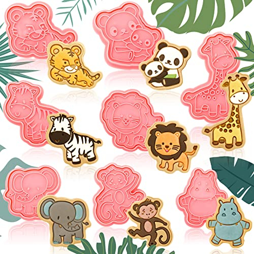 8 Stück Tier Ausstechformen mit Kolben Stempel Set Prägung Wildtiere Ausstechformen Kunststoff Ausstechformen Stempel Giraffe Zebra Löwe Affe Elefant Nilpferd Tiger Panda Form für Backbedarf