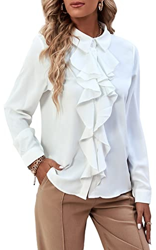 LYANER Women's Ruffle Front Blouse Collar Neck Button Down Long Sleeve Ruffled Shirt Dressy Work Top White Medium