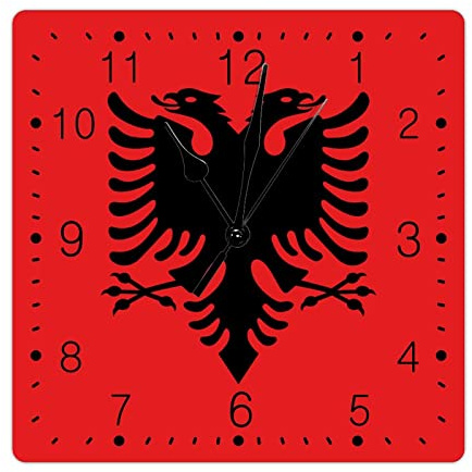 Albanien Flagge Dekorative Wanduhr Vintage Landhausstil 30,5 cm quadratische Wanduhr Albanien Uhr leise nicht tickende Batterie Zuhause dekorative Uhren für Küche Esszimmer Nationalflagge Kunst Uhr