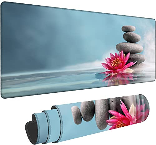 Zen Stone Spa Gaming Desk Mat Large,Water Lily Extended Mousepad,Non-Slip Rubber Mouse Pad Stitched Edges,Desktop Decorative Accessories for Home Office 31.5 x 15.7