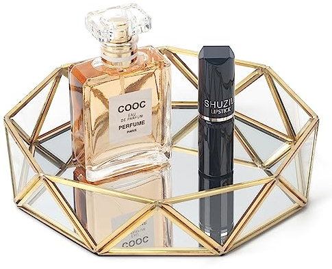 Bandeja de Vidrio con Espejo, Bandeja de Oro, Bandeja de Maquillaje, Bandeja de Perfume, Bandeja de Cristal Dorada, Organizador Cosmético, Bandeja Decorativa de Baño