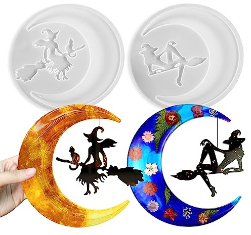 2 stampi in resina di Halloween, grandi stampi in silicone a forma di strega luna, per resina epossidica, mezzaluna luna, ornamento da appendere alla parete, per fai da te, unico, resina, cemento
