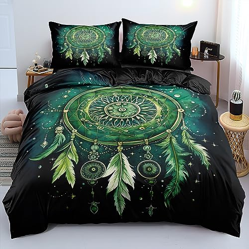 YUTNSAN Bettwäsche 200x220cm Traumfänger Grün Feder Muster Mädchenbettwäsche Kinderbettwäsche Set 3 Teilig Mikrofaser Schwarz Boho Exotisch Bettbezug mit Kissenbezug 80x80cm