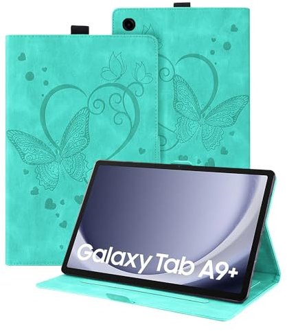 Auslbin Funda para Samsung Galaxy Tab A9 + / A9 Plus 11 2023, Cuero Repujado de Mariposa de PU con Función de Soporte y Portalápices, para Tab A9 +/SM-X210/SM-X215, Mariposa Verde