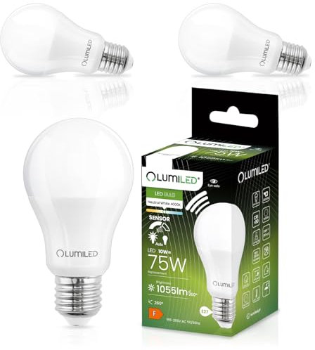 Lumiled 3er Pack E27 LED Lampen mit Bewegungsmelder und Dämmerungssensor 10W = 75W 1055lm Lichtsensor Glühbirne A60 Neutralweiß 4000K Sensorlampe Lichtsteuerung 3 Stück Nachtlicht Glühlampe
