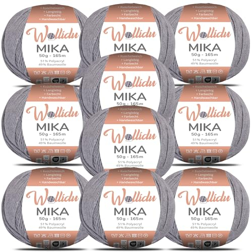 Wollidu Mika 51% Polyacryl 49% Baumwolle zum Häkeln und Stricken 10x 50g/165m Oeko-Tex Strickgarn Häkelgarn - Steingrau